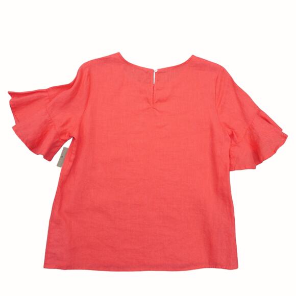 Ruffle Sleeve 100% Linen Blouse For Cynthia Size S Coral Bright Spring Top Shirt - Picture 8 of 9